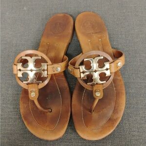 Tory Burch Brown and Silver Flats with Signature Logo